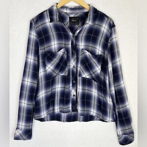 💙 Rails Dylan Oxford Navy Blue White Plaid Button Long Sleeve Crop Flann…